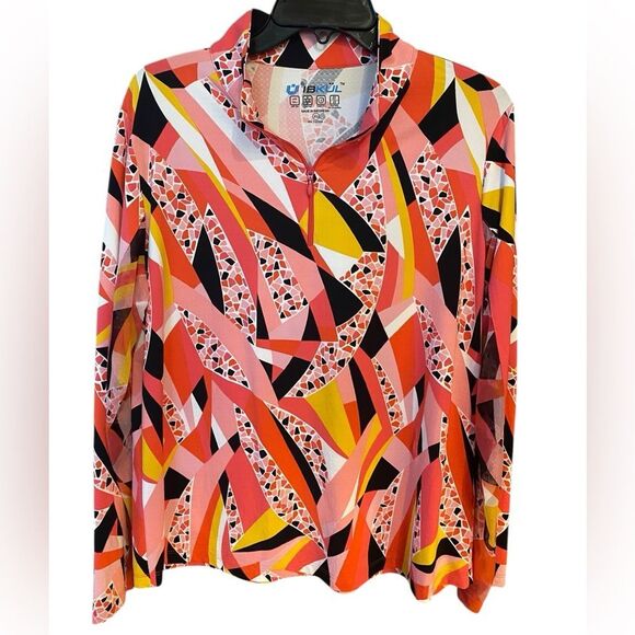 Ibkul Sz XL Vibrant Orange Geometric Print Pickleball Sporty Long Sleeve Polo - Picture 1 of 9